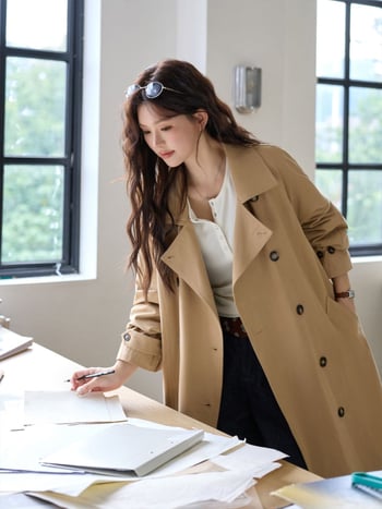 Jachetă cardigan din bumbac, lungă, cu guler înalt, croială lejeră, nasturi dubli, mâneci lungi