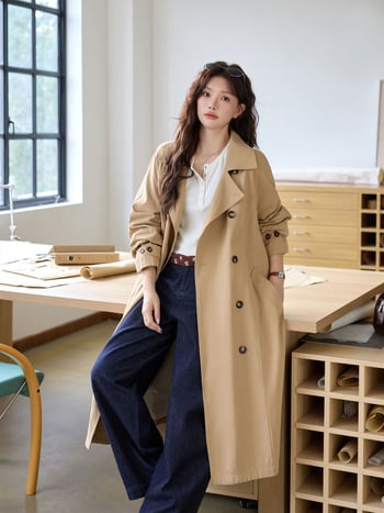 Jachetă cardigan din bumbac, lungă, cu guler înalt, croială lejeră, nasturi dubli, mâneci lungi