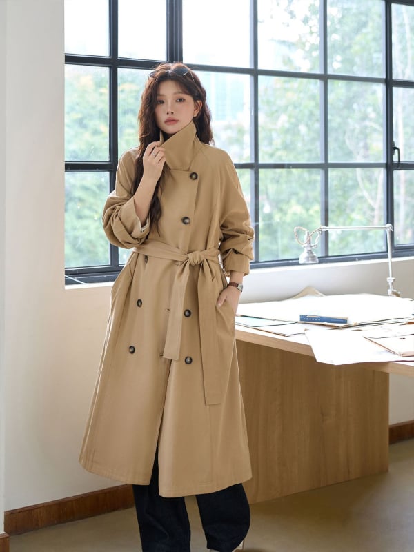 Jachetă cardigan din bumbac, lungă, cu guler înalt, croială lejeră, nasturi dubli, mâneci lungi