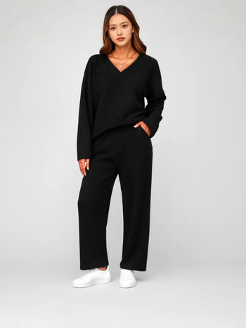 Set de pijamă pentru femei din două piese, culoare solidă, top tricotat din poliester 95%+, mâneci lungi, stil casual, toamnă-iarnă 2025