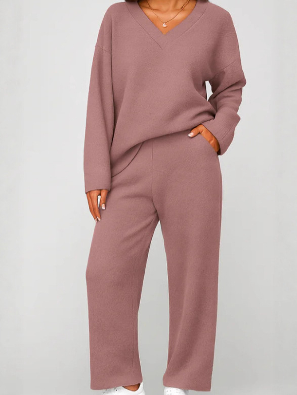 Set de pijamă pentru femei din două piese, culoare solidă, top tricotat din poliester 95%+, mâneci lungi, stil casual, toamnă-iarnă 2025