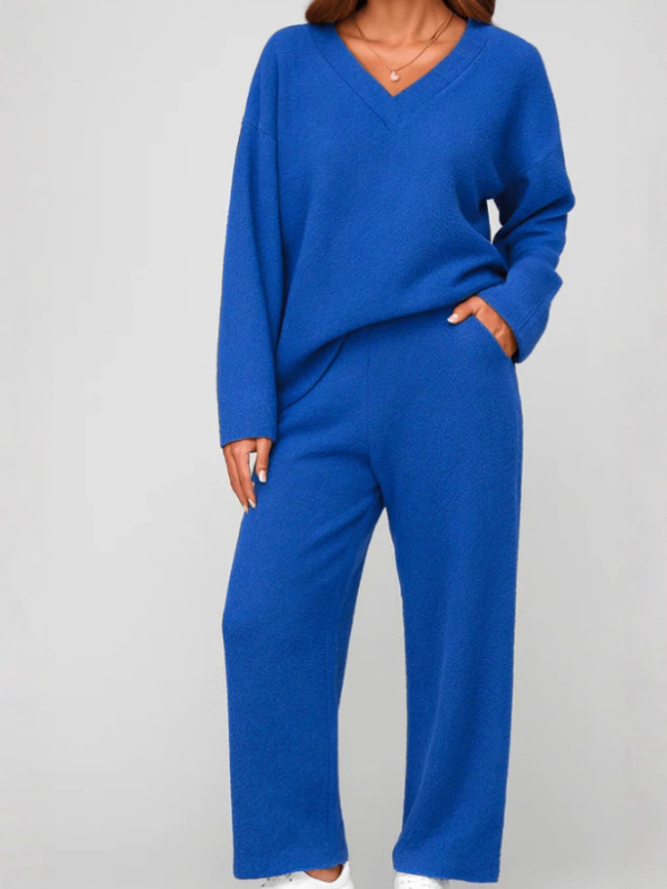 Set de pijamă pentru femei din două piese, culoare solidă, top tricotat din poliester 95%+, mâneci lungi, stil casual, toamnă-iarnă 2025