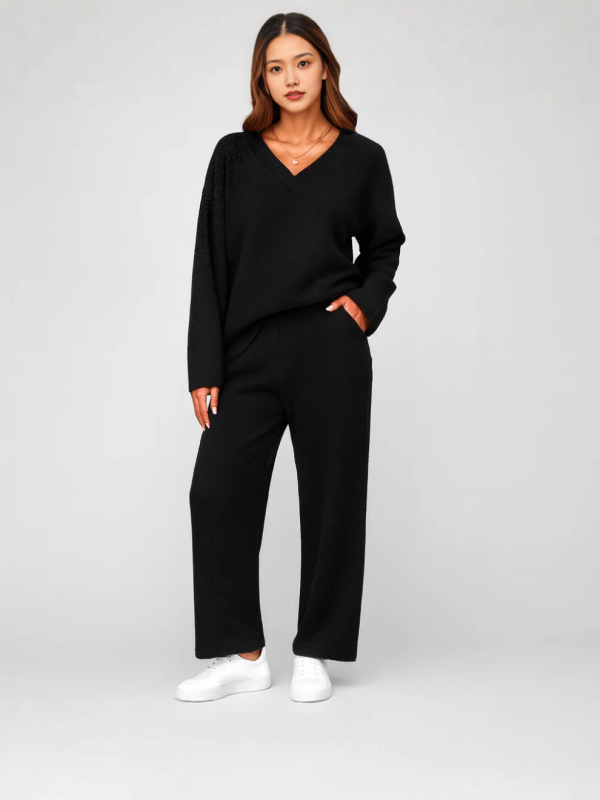 Set de pijamă pentru femei din două piese, culoare solidă, top tricotat din poliester 95%+, mâneci lungi, stil casual, toamnă-iarnă 2025