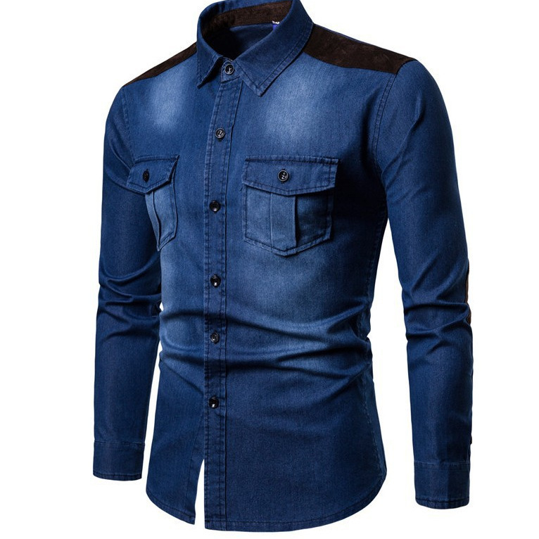 Muška košulja s dugim rukavima, ovratnik tip lapel, materijal od pamuk-blenda, uski kroj, detalja džepa, jesensko odijevanje.