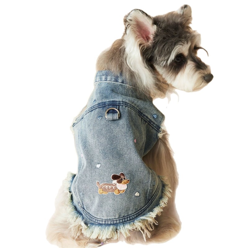 Denim prsluk za pse s izvezenim detaljima, bez rukava, ležernog stila – Tawnybear