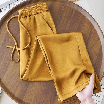 Női széles lábú jacquard szatén nadrág, magas derék, könnyű anyag, nyár 2025