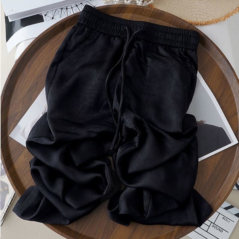 Női széles lábú jacquard szatén nadrág, magas derék, könnyű anyag, nyár 2025