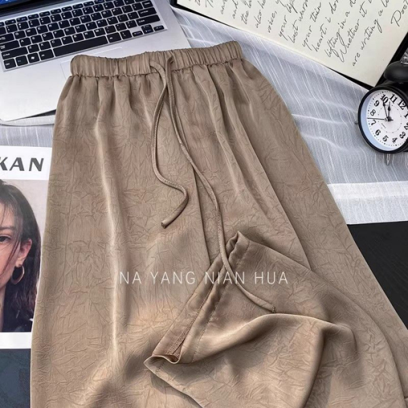 Női széles lábú jacquard szatén nadrág, magas derék, könnyű anyag, nyár 2025