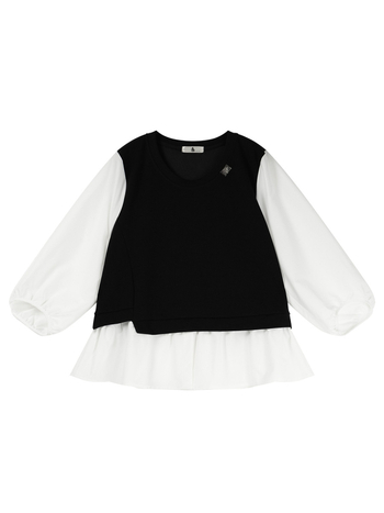 Love bluză cu aspect de două piese false și panouri contrastante, guler rotund, mâneci lungi, material din bumbac-poliester