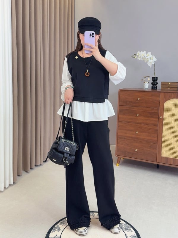 Love bluză cu aspect de două piese false și panouri contrastante, guler rotund, mâneci lungi, material din bumbac-poliester