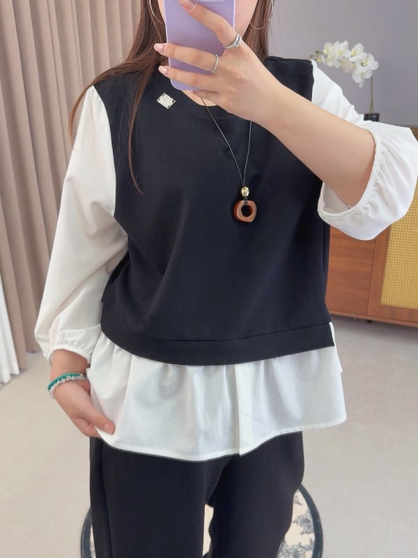 Love bluză cu aspect de două piese false și panouri contrastante, guler rotund, mâneci lungi, material din bumbac-poliester