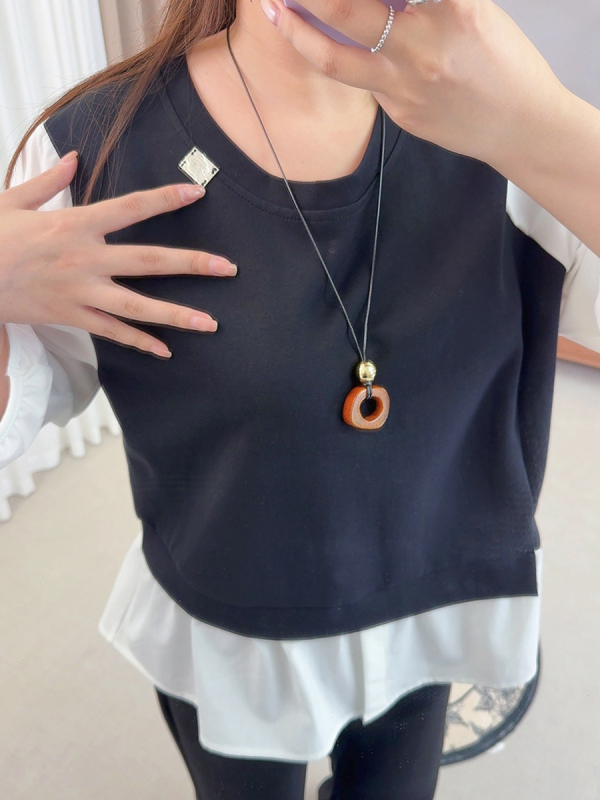 Love bluză cu aspect de două piese false și panouri contrastante, guler rotund, mâneci lungi, material din bumbac-poliester