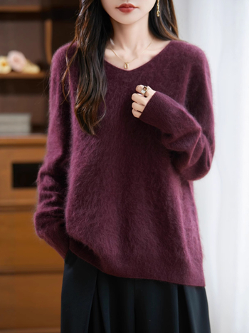 Pulover femei din lână cu glugă, croială lejeră, decolteu în V, mâneci lungi, material gros de lână, iarnă 2025