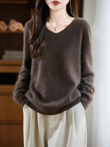 Pulover femei din lână cu glugă, croială lejeră, decolteu în V, mâneci lungi, material gros de lână, iarnă 2025