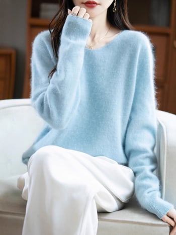 Pulover femei din lână cu glugă, croială lejeră, decolteu în V, mâneci lungi, material gros de lână, iarnă 2025