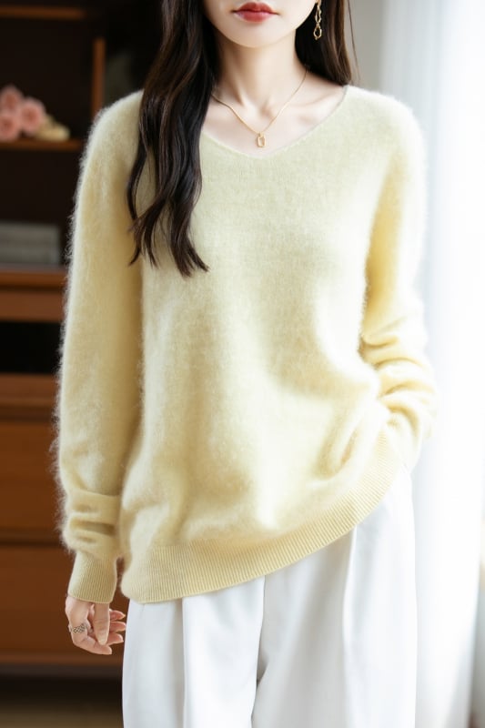 Pulover femei din lână cu glugă, croială lejeră, decolteu în V, mâneci lungi, material gros de lână, iarnă 2025
