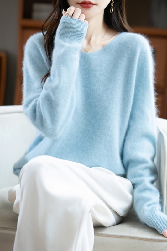 Pulover femei din lână cu glugă, croială lejeră, decolteu în V, mâneci lungi, material gros de lână, iarnă 2025