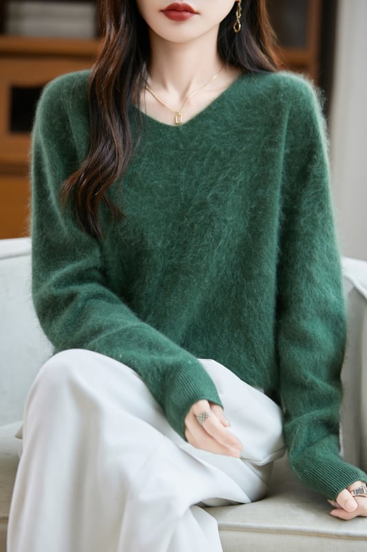 Pulover femei din lână cu glugă, croială lejeră, decolteu în V, mâneci lungi, material gros de lână, iarnă 2025