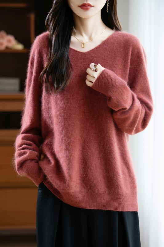 Pulover femei din lână cu glugă, croială lejeră, decolteu în V, mâneci lungi, material gros de lână, iarnă 2025