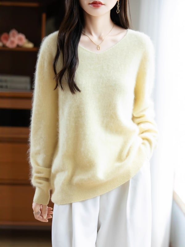 Pulover femei din lână cu glugă, croială lejeră, decolteu în V, mâneci lungi, material gros de lână, iarnă 2025