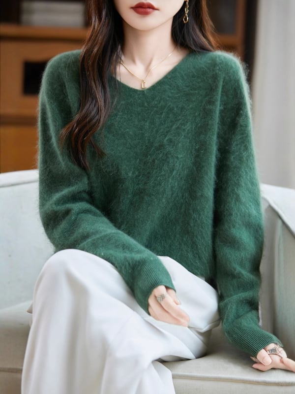 Pulover femei din lână cu glugă, croială lejeră, decolteu în V, mâneci lungi, material gros de lână, iarnă 2025