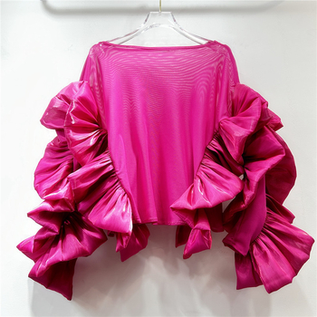 Bluza din plasă pentru femei, guler rotund, mâneci lungi, mâneci cu aspect de frunză de lotus (toamnă 2024, stil street fashion)