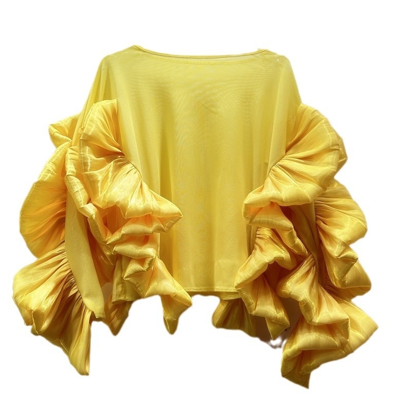 Bluza din plasă pentru femei, guler rotund, mâneci lungi, mâneci cu aspect de frunză de lotus (toamnă 2024, stil street fashion)