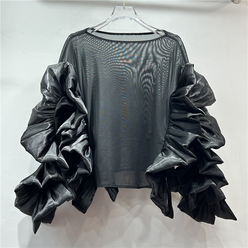 Bluza din plasă pentru femei, guler rotund, mâneci lungi, mâneci cu aspect de frunză de lotus (toamnă 2024, stil street fashion)