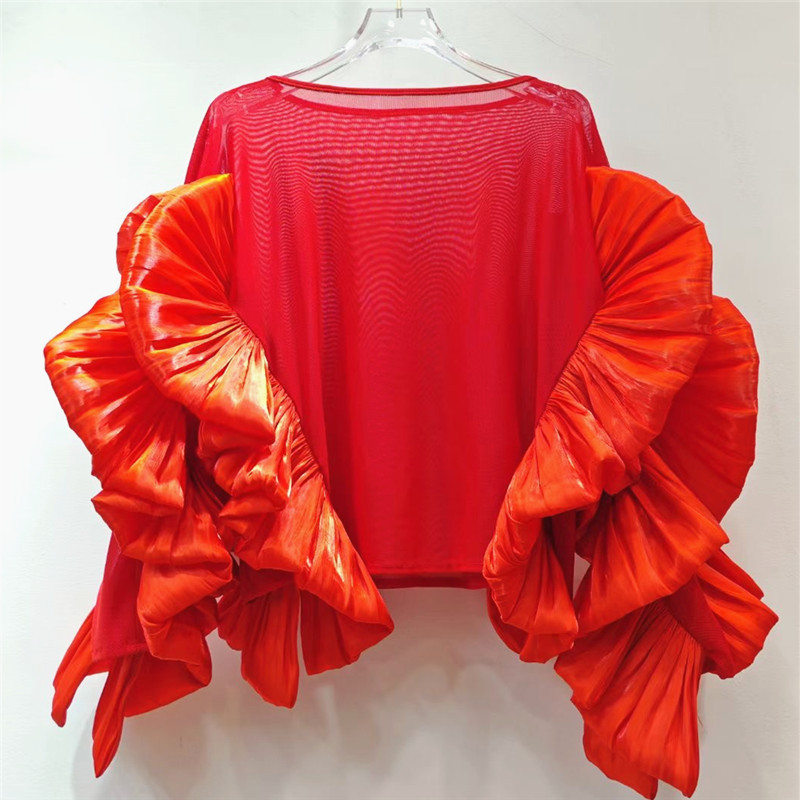 Bluza din plasă pentru femei, guler rotund, mâneci lungi, mâneci cu aspect de frunză de lotus (toamnă 2024, stil street fashion)