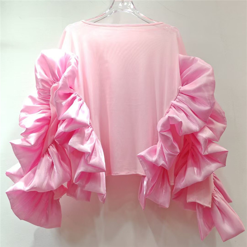 Bluza din plasă pentru femei, guler rotund, mâneci lungi, mâneci cu aspect de frunză de lotus (toamnă 2024, stil street fashion)