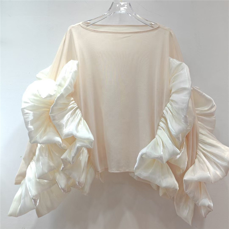 Bluza din plasă pentru femei, guler rotund, mâneci lungi, mâneci cu aspect de frunză de lotus (toamnă 2024, stil street fashion)