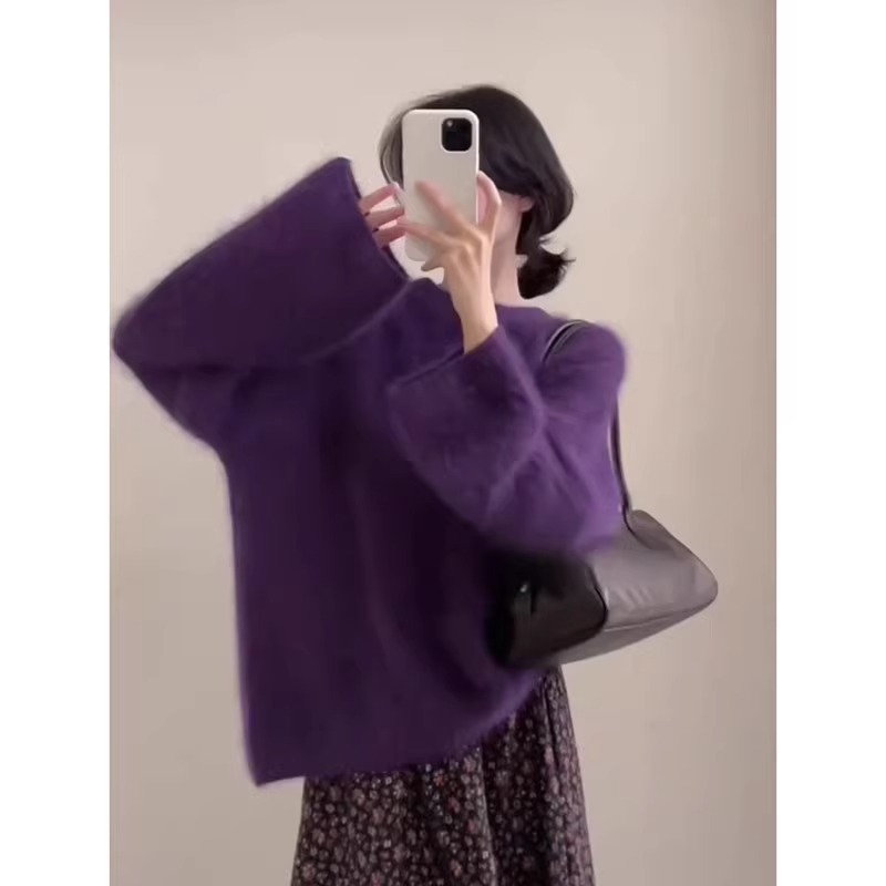Ženski pleteni pulover s ljubičastom Mink Velvet teksturom, okrugli izrez, širok kroj, za jesen i zimu