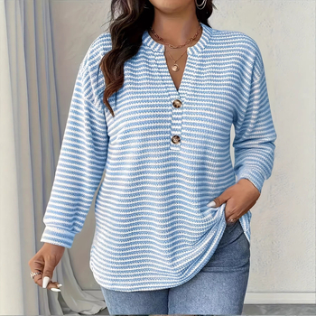 Top casual din poliester cu model plasa-ananas și dungi, decolteu în V, mâneci tip felinar, croială lejeră, elastan