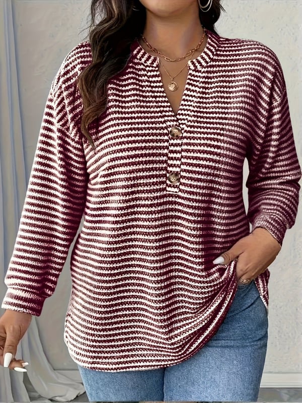 Top casual din poliester cu model plasa-ananas și dungi, decolteu în V, mâneci tip felinar, croială lejeră, elastan