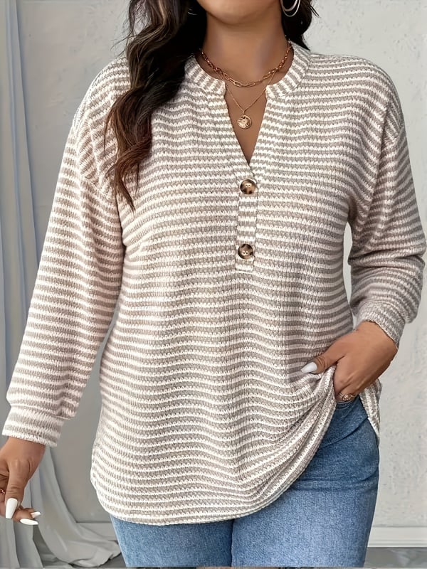 Top casual din poliester cu model plasa-ananas și dungi, decolteu în V, mâneci tip felinar, croială lejeră, elastan