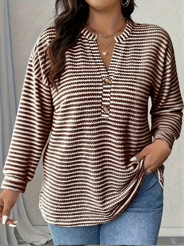 Top casual din poliester cu model plasa-ananas și dungi, decolteu în V, mâneci tip felinar, croială lejeră, elastan