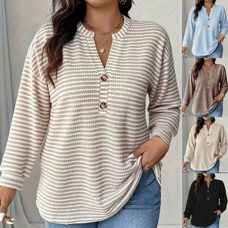 Top casual din poliester cu model plasa-ananas și dungi, decolteu în V, mâneci tip felinar, croială lejeră, elastan