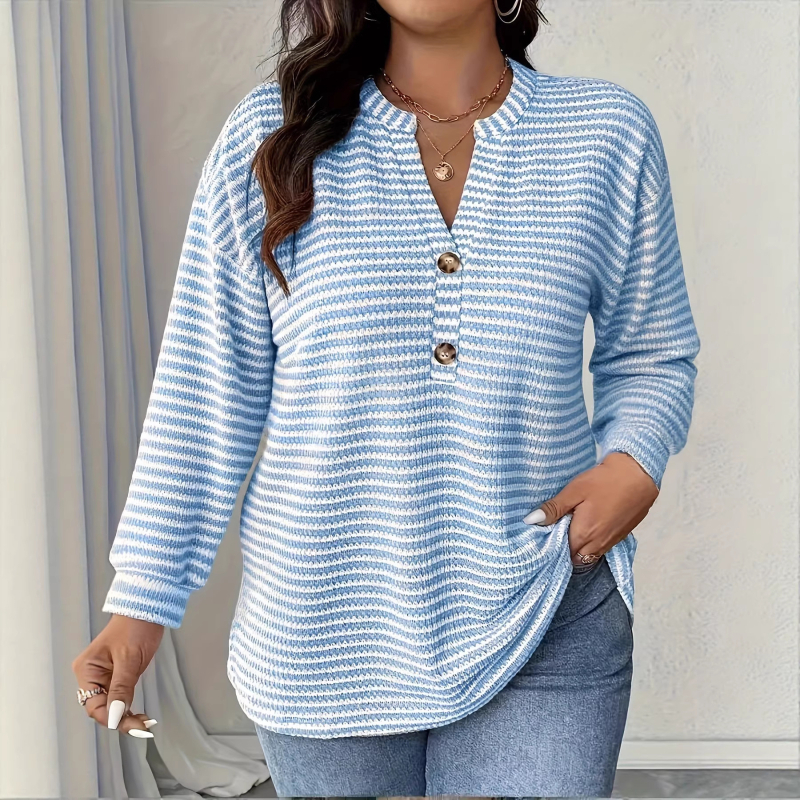 Top casual din poliester cu model plasa-ananas și dungi, decolteu în V, mâneci tip felinar, croială lejeră, elastan