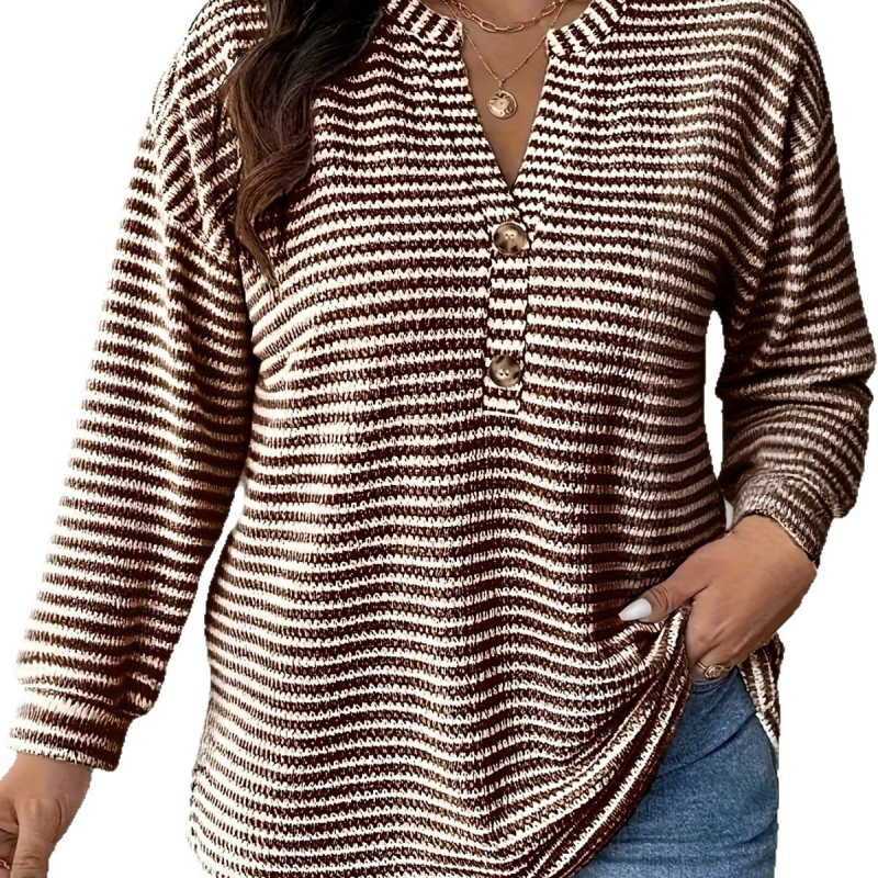 Top casual din poliester cu model plasa-ananas și dungi, decolteu în V, mâneci tip felinar, croială lejeră, elastan