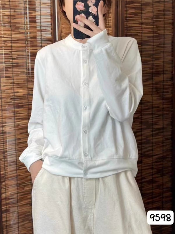 Cămașă de damă în stil literar retro, din amestec de bumbac, guler stand, mâneci lungi, croială lejeră, închidere frontală cu nasturi