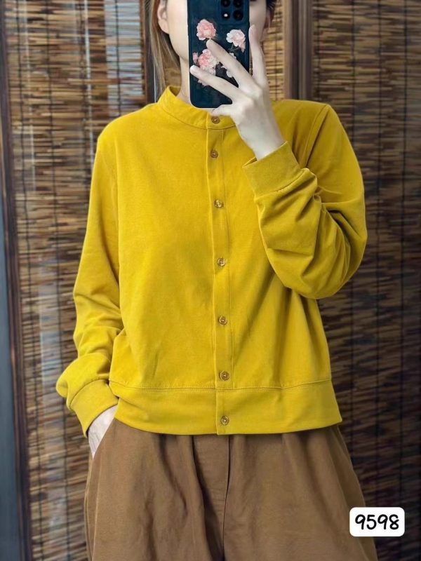 Cămașă de damă în stil literar retro, din amestec de bumbac, guler stand, mâneci lungi, croială lejeră, închidere frontală cu nasturi