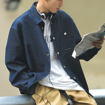 Cămașă cu dungi, guler înalt, mâneci lungi, stil japonez retro cardigan, croială lejeră