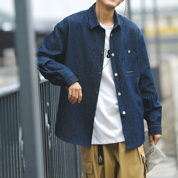 Cămașă cu dungi, guler înalt, mâneci lungi, stil japonez retro cardigan, croială lejeră