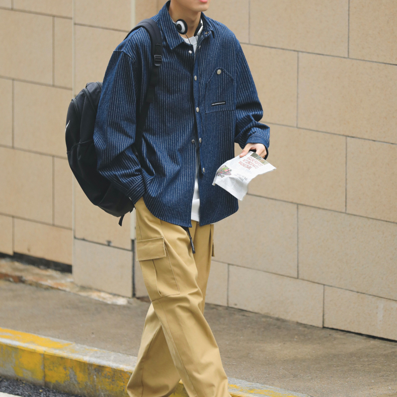 Cămașă cu dungi, guler înalt, mâneci lungi, stil japonez retro cardigan, croială lejeră