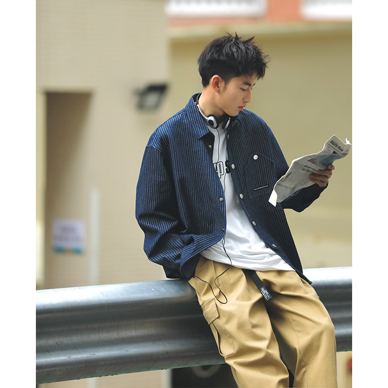 Cămașă cu dungi, guler înalt, mâneci lungi, stil japonez retro cardigan, croială lejeră