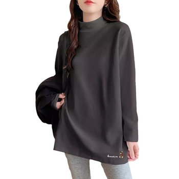 Top damă velur cu căptușeală din fleece, lungime medie, croială lejeră, mâneci lungi, guler semi-înalt, poliester 95%+