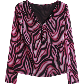 Top damă cu mâneci lungi, imprimeu leopard, decolteu în V, croială slim, amestec nylon-spandex