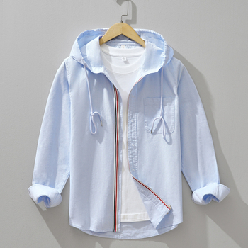 Košulja-jakna s kapuljom, korejski stil kardigan, blok boja, uski kroj, dugi rukavi, dekorativne džepove (Pamuk, prozračan materijal, glavna tkanina 96% pamuka)