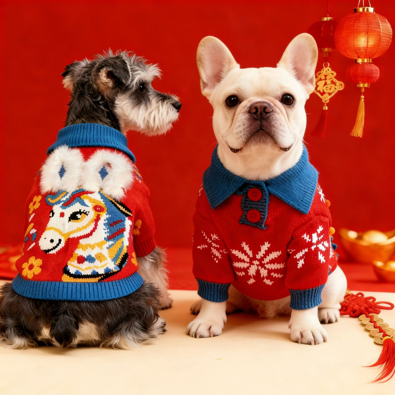 Pulover za pse Godina konja — Zodijakalni crtani pleteni džemper za male i srednje pse (Šnaucer, Francuski buldog, Teddy, Bichon Frisé, Pomeranian)