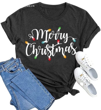 Tricou femei cu imprimeu Merry Christmas în litere, mâneci scurte, croială lejeră